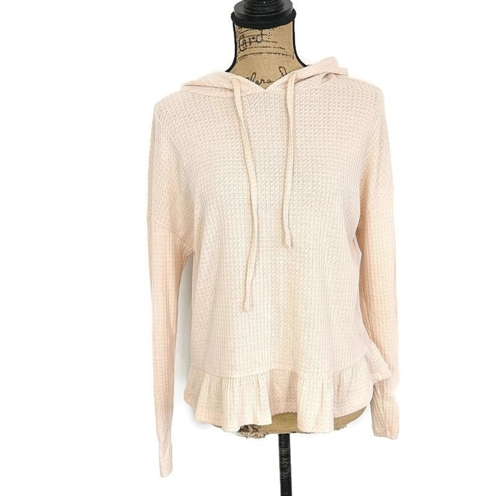 LC Lauren Conrad Hoodie Womens Medium Pink Waffle Knit Ruffle Peplum Metallic